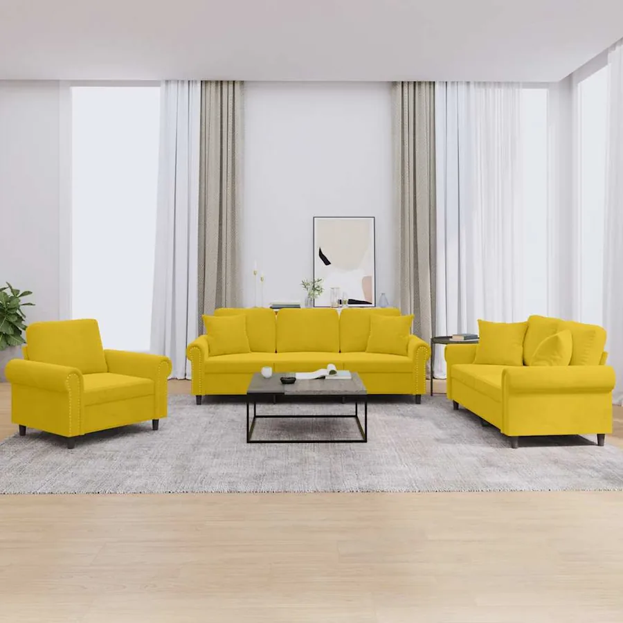 Ensemble de canapés 3 pcs avec coussins jaune velours