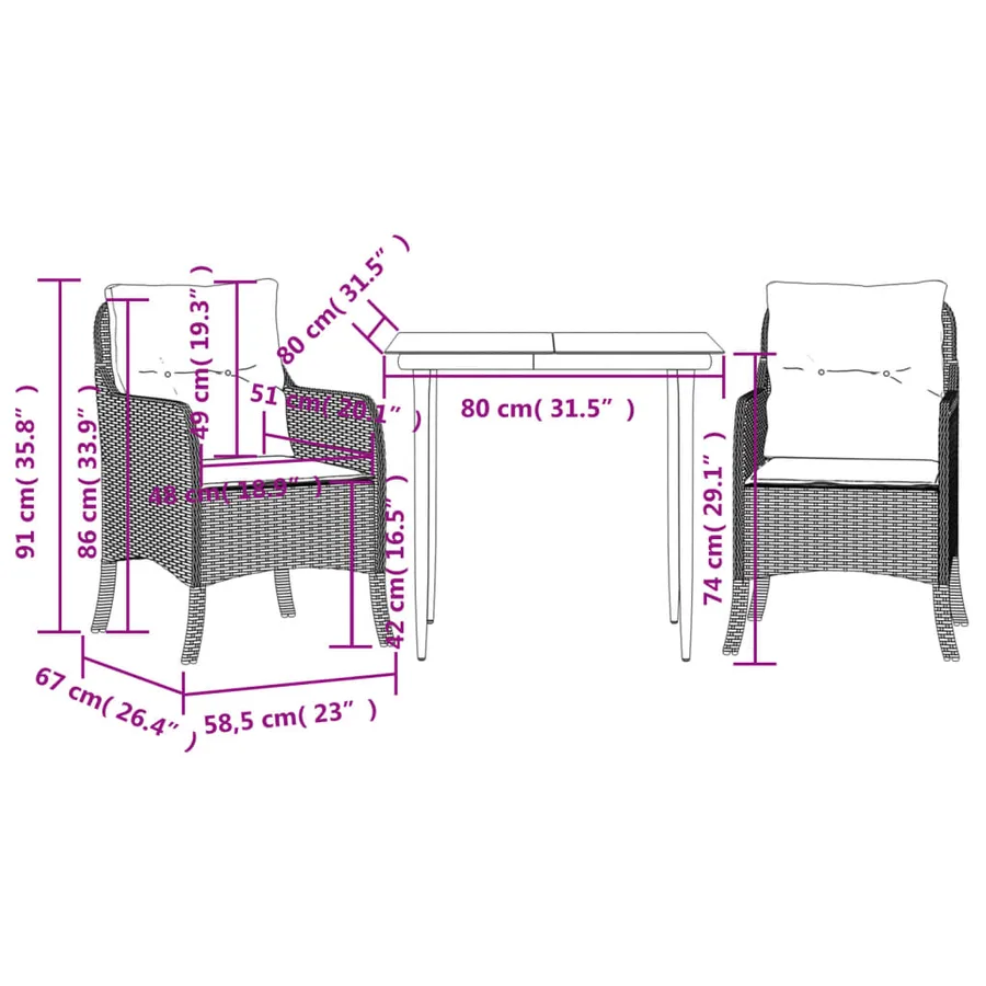 Ensemble à manger de jardin avec coussins 3 pcs Noir - 7