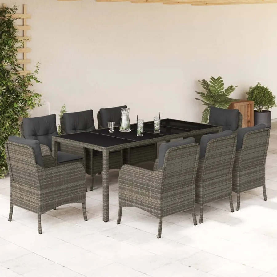Ensemble à manger de jardin 9 pcs coussins gris résine tressée