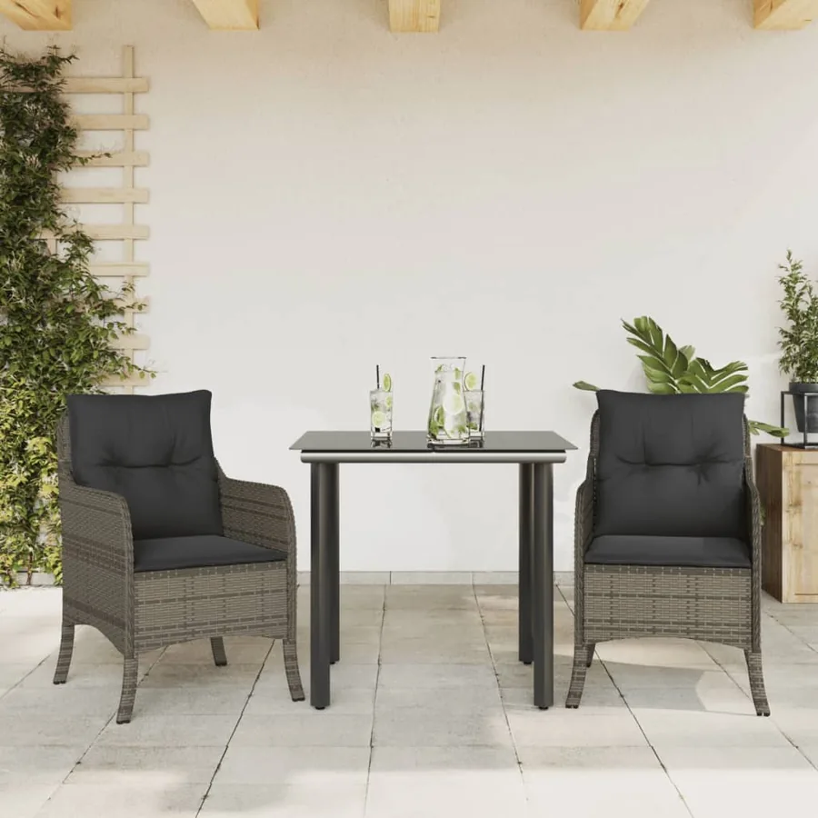 Ensemble à manger de jardin 3 pcs coussins gris résine tressée