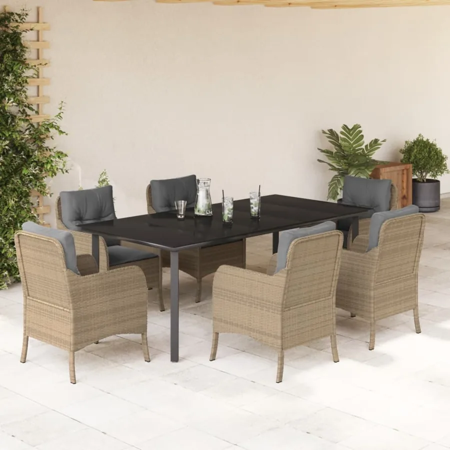 Ensemble à manger de jardin et coussins 7 pcs beige poly rotin