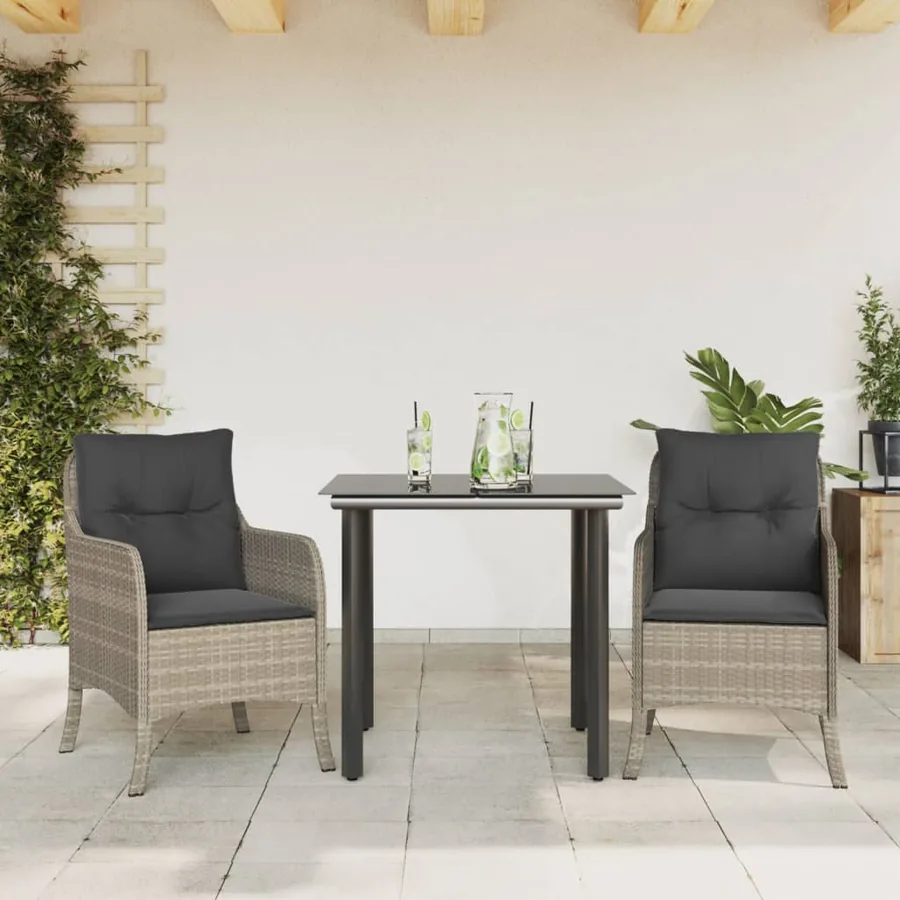 Ensemble à manger de jardin 3pcs coussins gris clair poly rotin