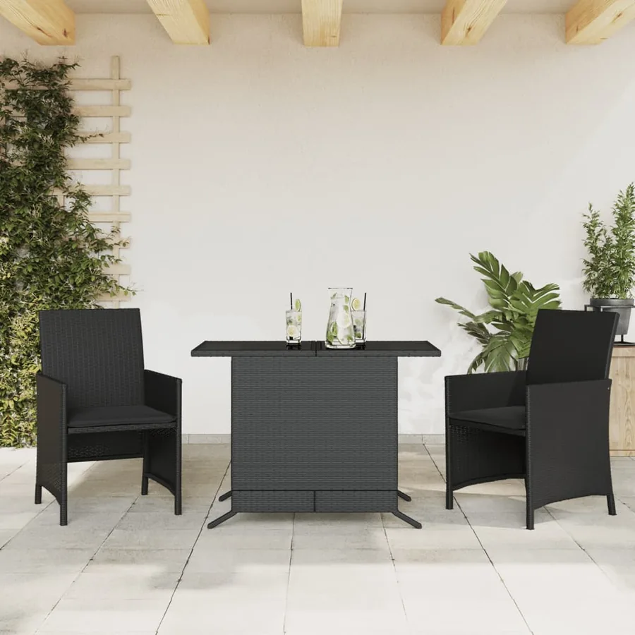 Ensemble de bistro 3 pcs avec coussins noir résine tressée