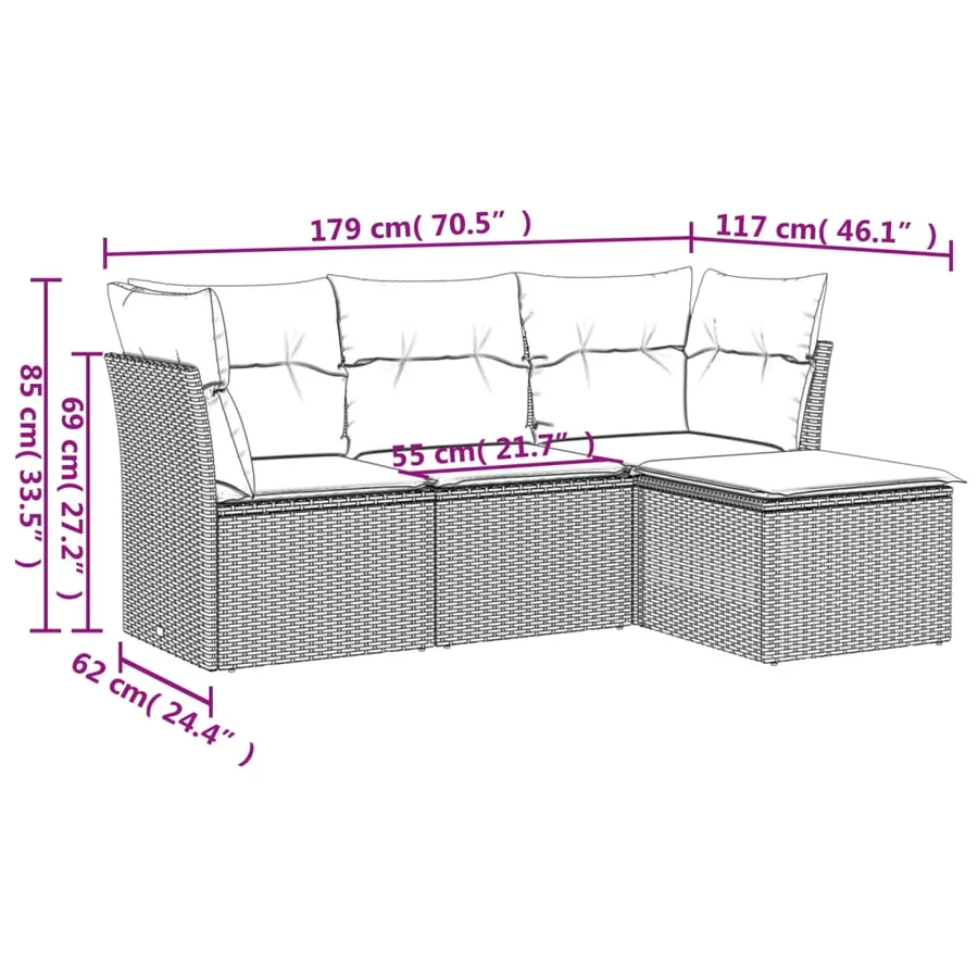 Salon de jardin 4 pcs avec coussins marron résine tressée - 3