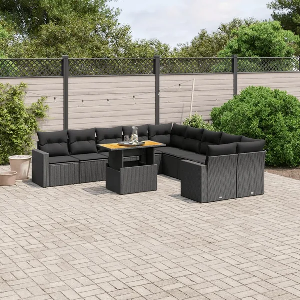 Salon de jardin 11 pcs avec coussins noir résine tressée