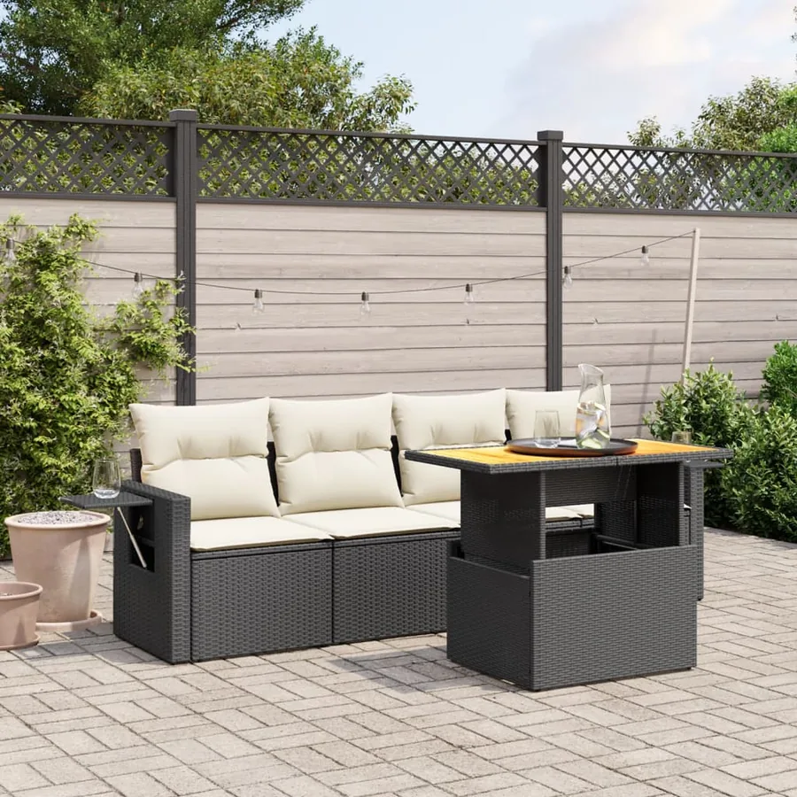 Salon de jardin 5 pcs avec coussins noir résine tressée