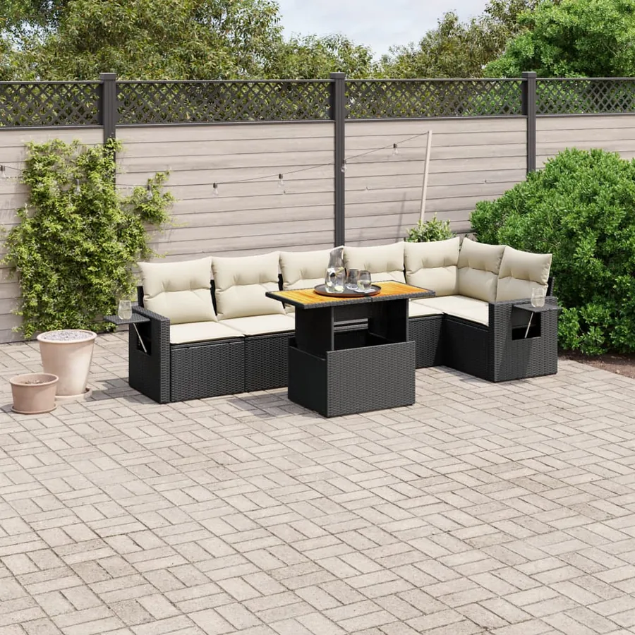 Salon de jardin 7 pcs avec coussins noir résine tressée 62 x 62 x 69 cm - 62,9 kg