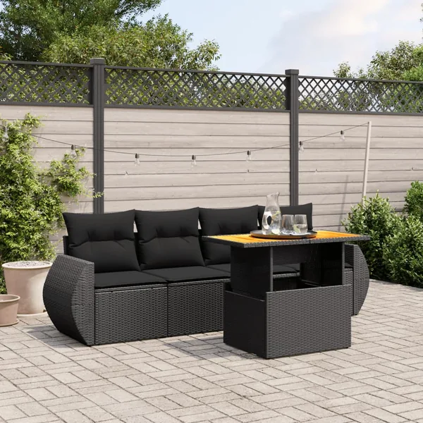 Salon de jardin 5 pcs avec coussins noir résine tressée