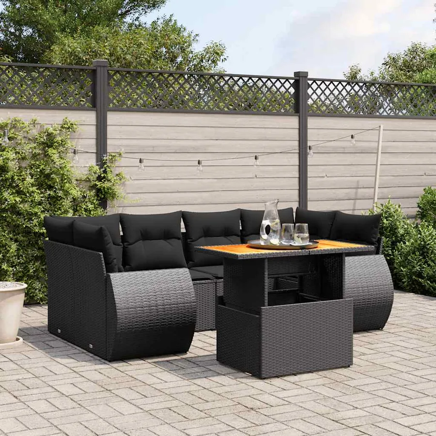 Salon de jardin 7 pcs avec coussins noir résine tressée 62 x 62 x 69 cm - 65,7 kg