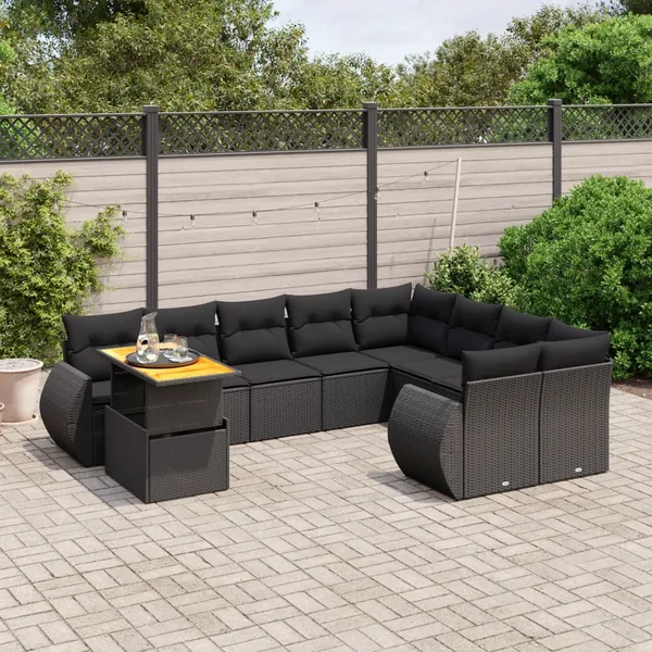 Salon de jardin 10 pcs avec coussins noir résine tressée