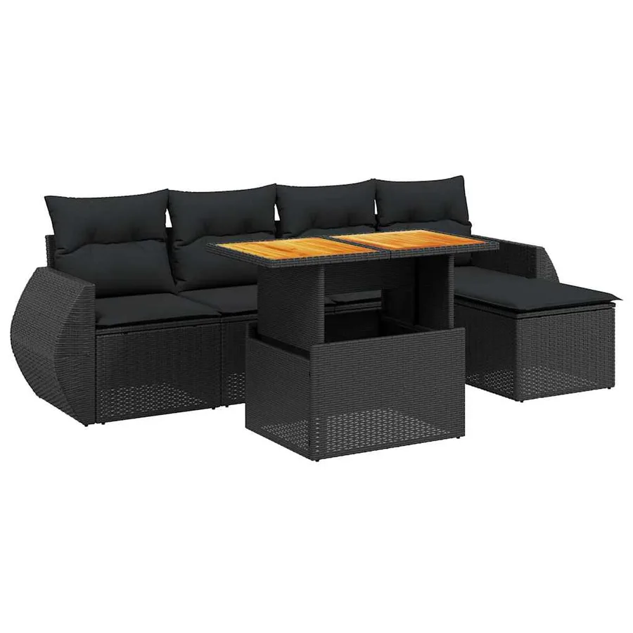 Salon de jardin 6 pcs avec coussins noir résine tressée - 2