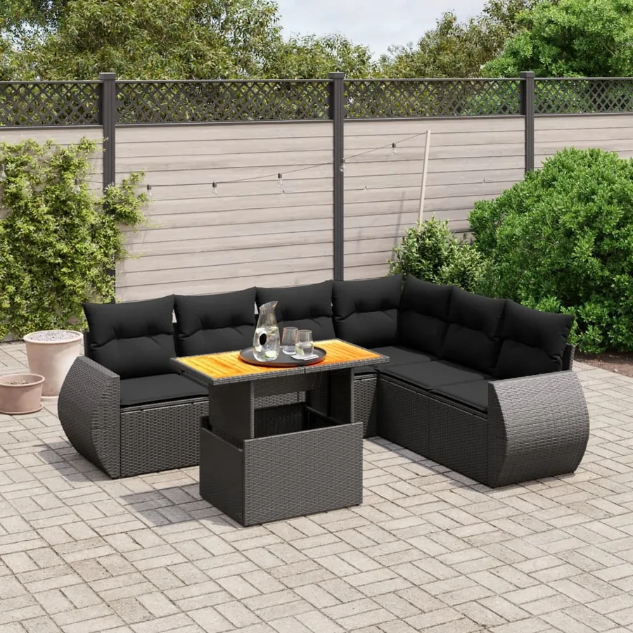 Salon de jardin 7 pcs avec coussins noir résine tressée 62 x 62 x 69 cm - 61,9 kg