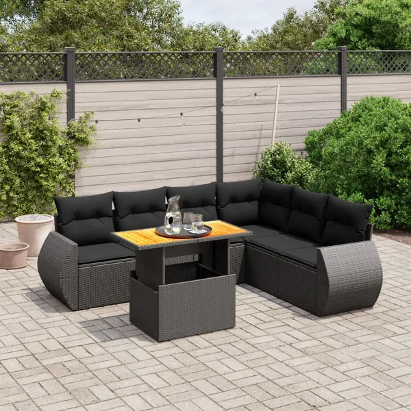 Salon de jardin 7 pcs avec coussins noir résine tressée 62 x 62 x 69 cm - 61,9 kg