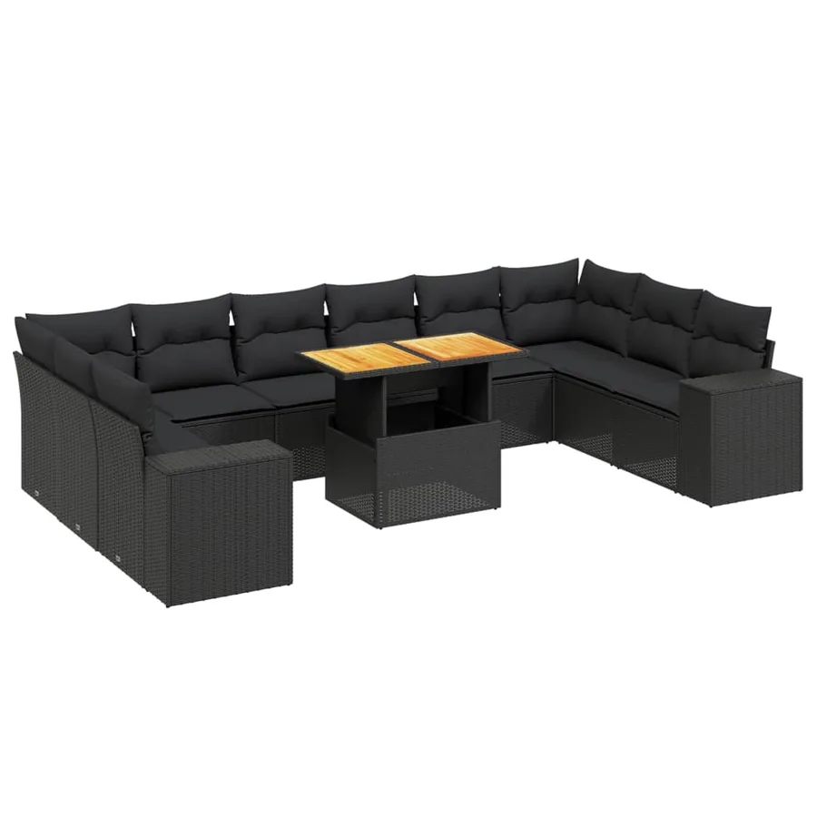 Salon de jardin 11 pcs avec coussins noir résine tressée - 2