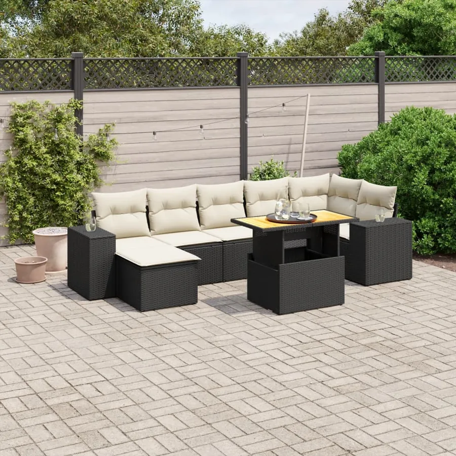 Salon de jardin 8 pcs avec coussins noir résine tressée