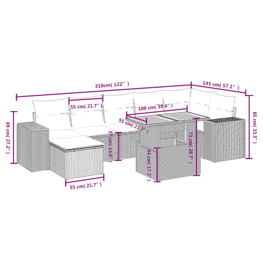 Salon de jardin 8 pcs avec coussins noir résine tressée - 3