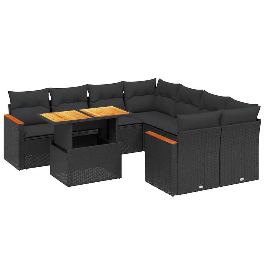 Salon de jardin 9 pcs avec coussins noir résine tressée - 2