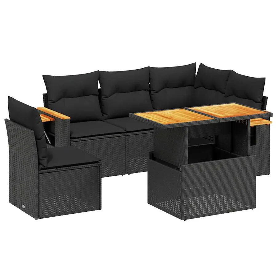 Salon de jardin 6 pcs avec coussins noir résine tressée - 2
