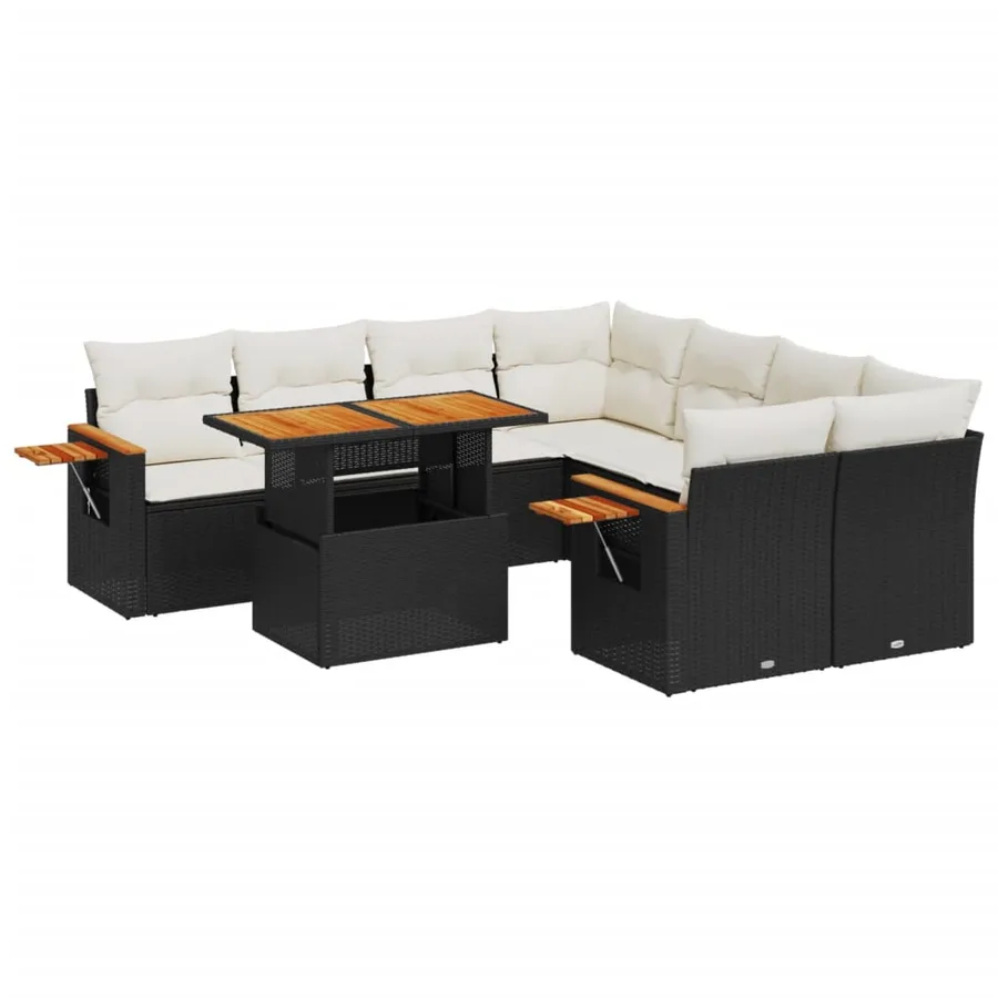 Salon de jardin 9 pcs avec coussins noir résine tressée - 2