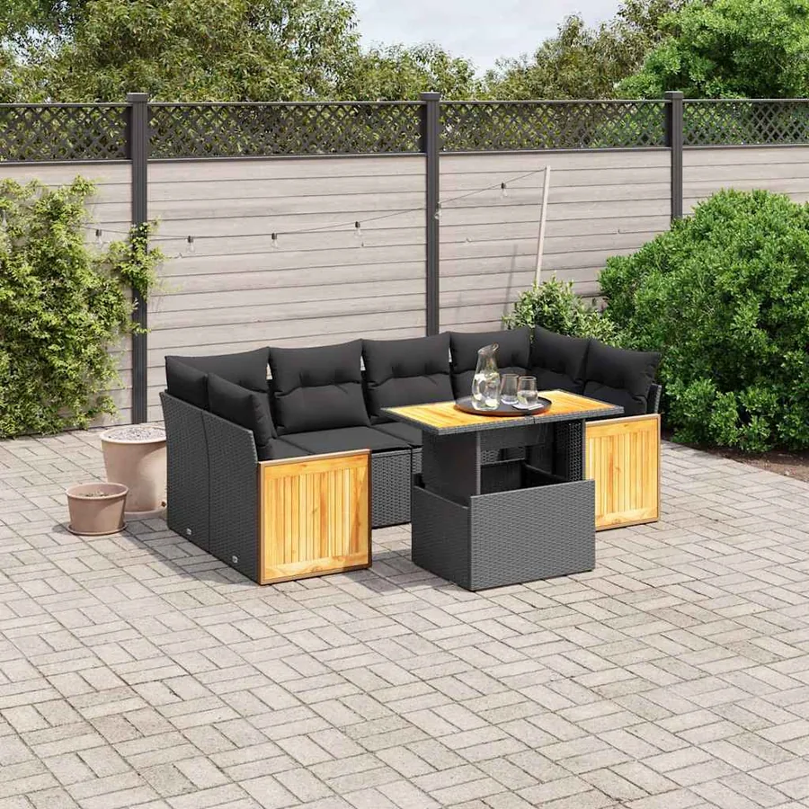 Salon de jardin 7 pcs avec coussins noir résine tressée 55 x 62 x 69 cm - 67,7 kg