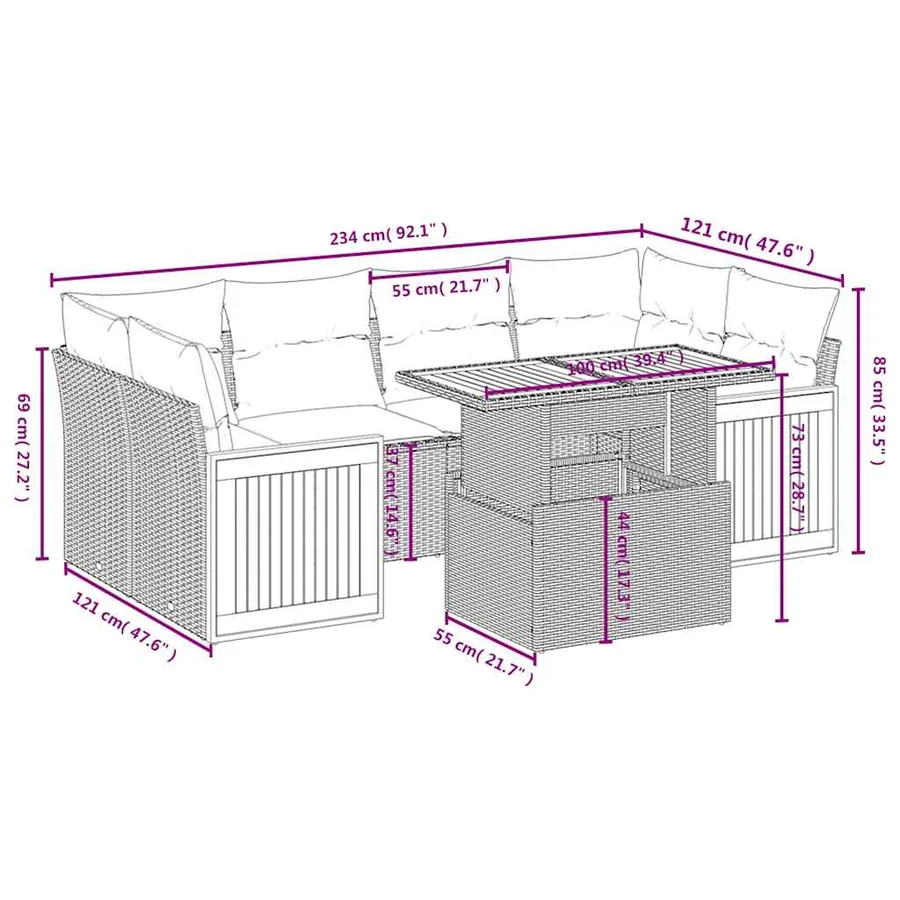 Salon de jardin 7 pcs avec coussins noir résine tressée 55 x 62 x 69 cm - 67,7 kg - 3