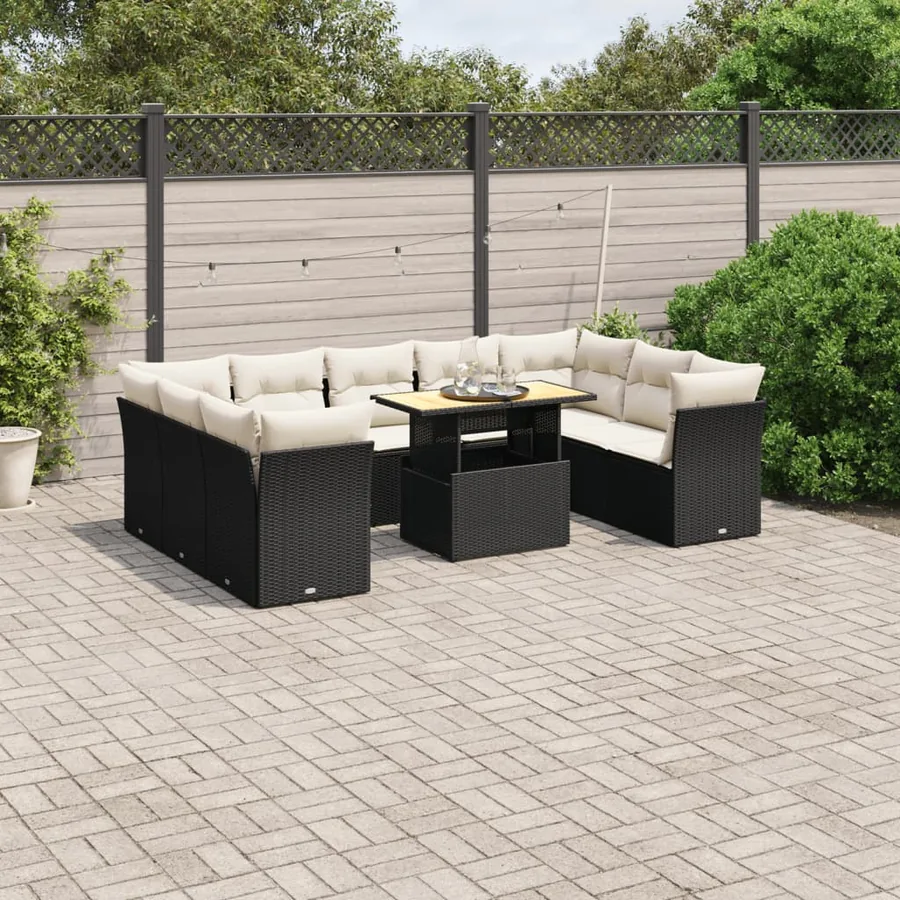 Salon de jardin 10 pcs avec coussins noir résine tressée