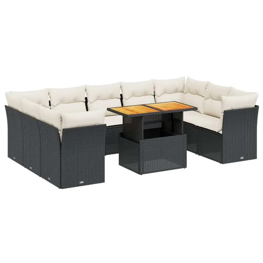 Salon de jardin 10 pcs avec coussins noir résine tressée - 2