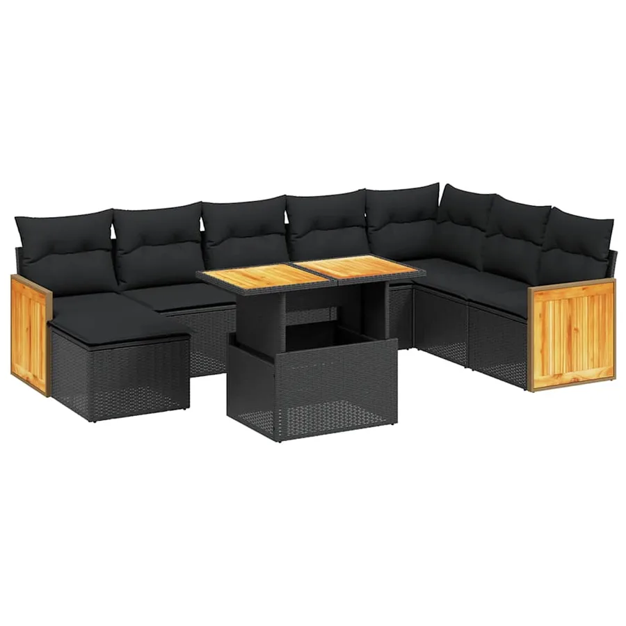 Salon de jardin 9 pcs avec coussins noir résine tressée - 2