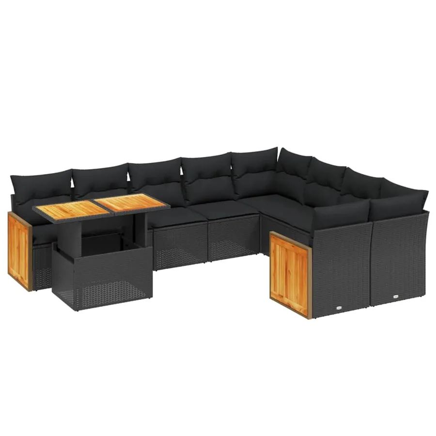 Salon de jardin 10 pcs avec coussins noir résine tressée - 2