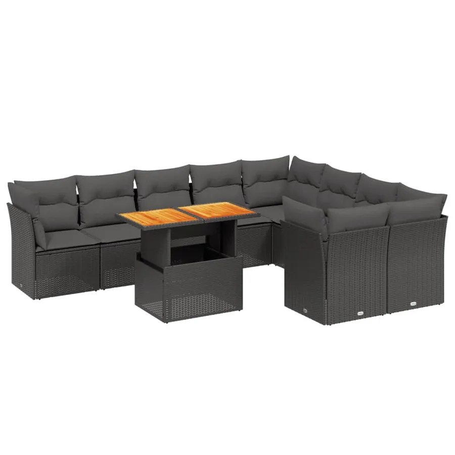 Salon de jardin 10 pcs avec coussins noir résine tressée - 2
