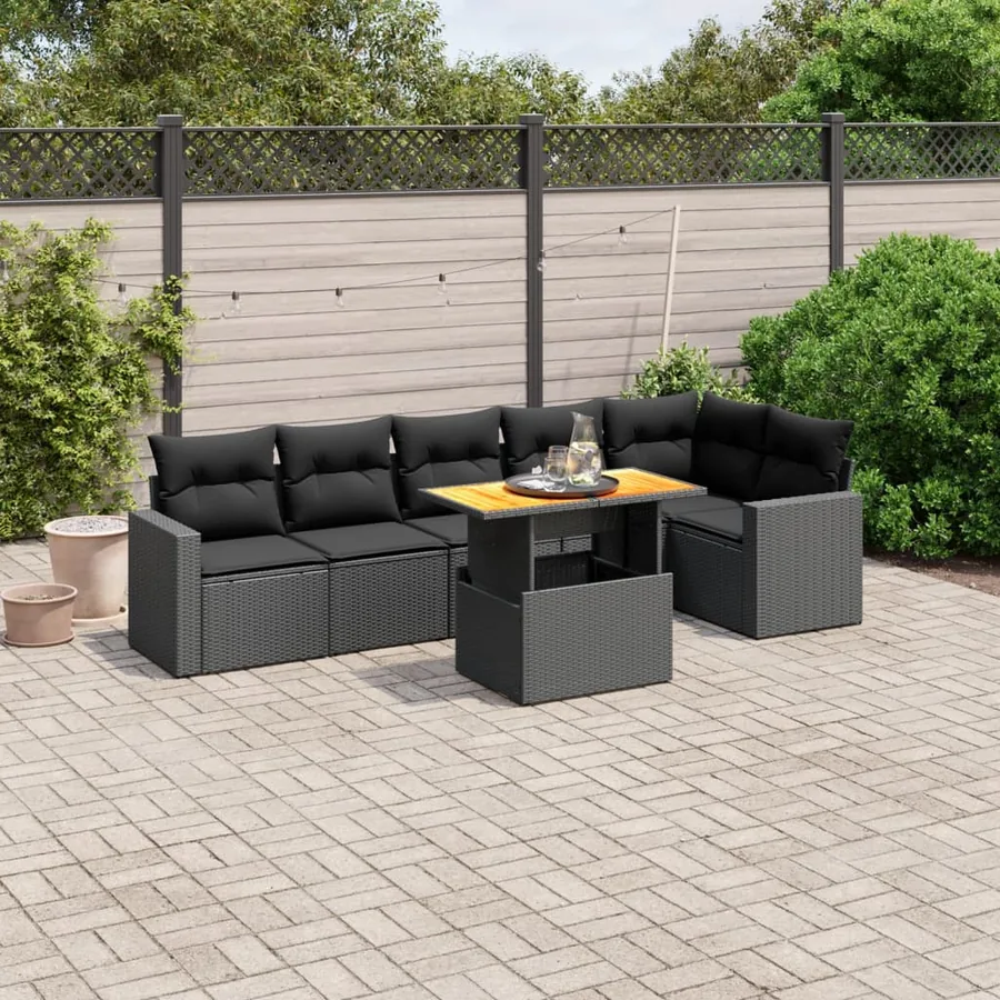 Salon de jardin 7 pcs avec coussins noir résine tressée 62 x 62 x 69 cm - 61,1 kg