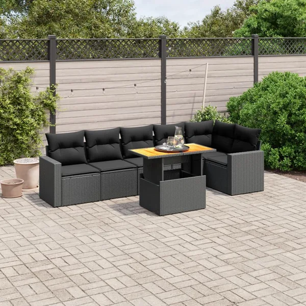 Salon de jardin 7 pcs avec coussins noir résine tressée 62 x 62 x 69 cm - 61,1 kg