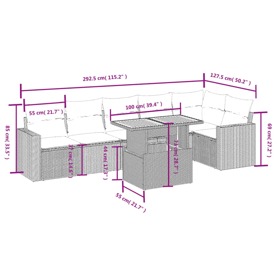 Salon de jardin 7 pcs avec coussins noir résine tressée 62 x 62 x 69 cm - 61,1 kg - 3