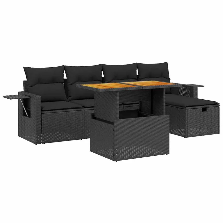 Salon de jardin 6 pcs avec coussins noir résine tressée - 2