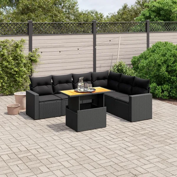 Salon de jardin 7 pcs avec coussins noir résine tressée 62 x 62 x 69 cm - 61,1 kg