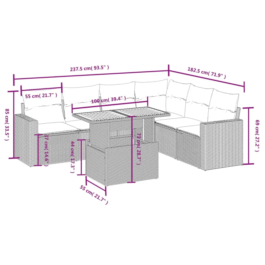 Salon de jardin 7 pcs avec coussins noir résine tressée 62 x 62 x 69 cm - 61,1 kg - 3