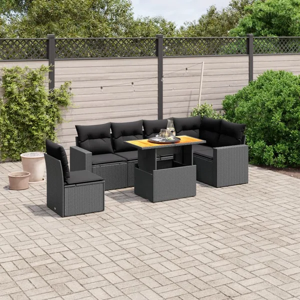 Salon de jardin 7 pcs avec coussins noir résine tressée 62 x 62 x 69 cm - 61,1 kg