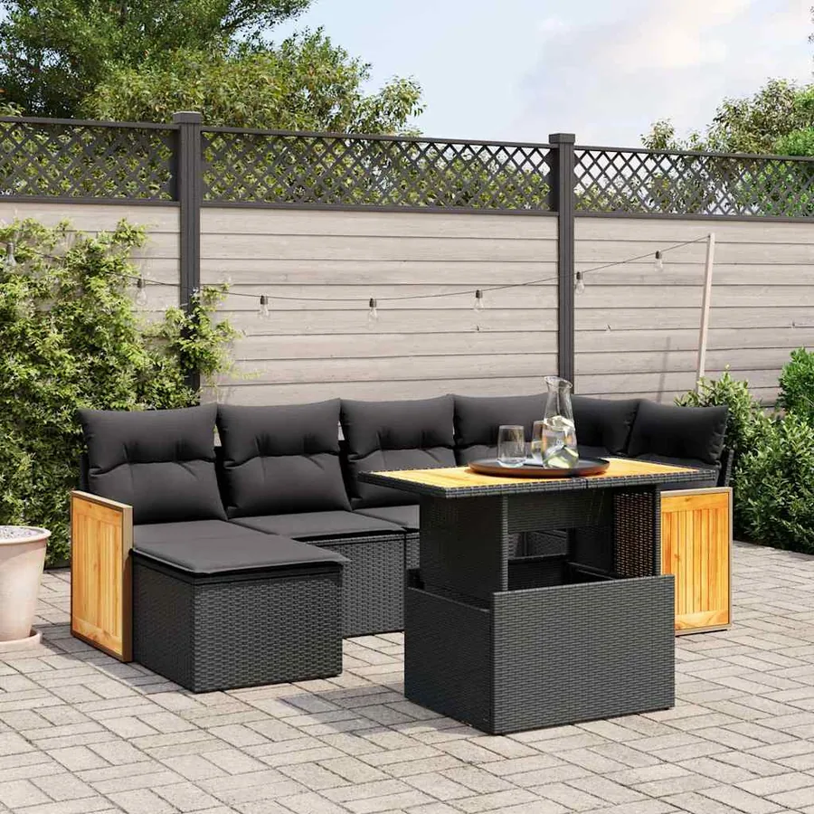 Salon de jardin 7 pcs avec coussins noir résine tressée 55 x 62 x 69 cm - 64,8 kg
