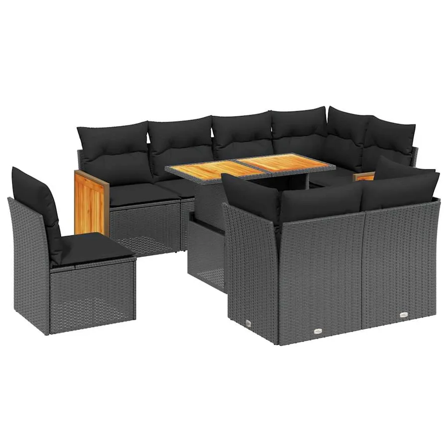 Salon de jardin 9 pcs avec coussins noir résine tressée - 2
