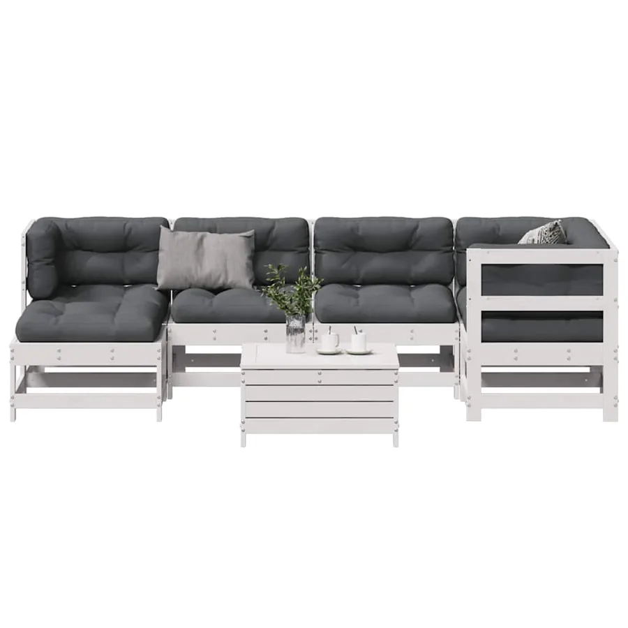 Salon de jardin 7 pcs avec coussins blanc bois de pin massif