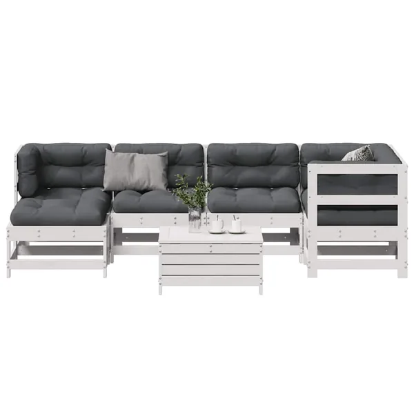 Salon de jardin 7 pcs avec coussins blanc bois de pin massif