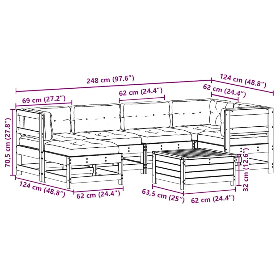 Salon de jardin 7 pcs avec coussins blanc bois de pin massif - 10