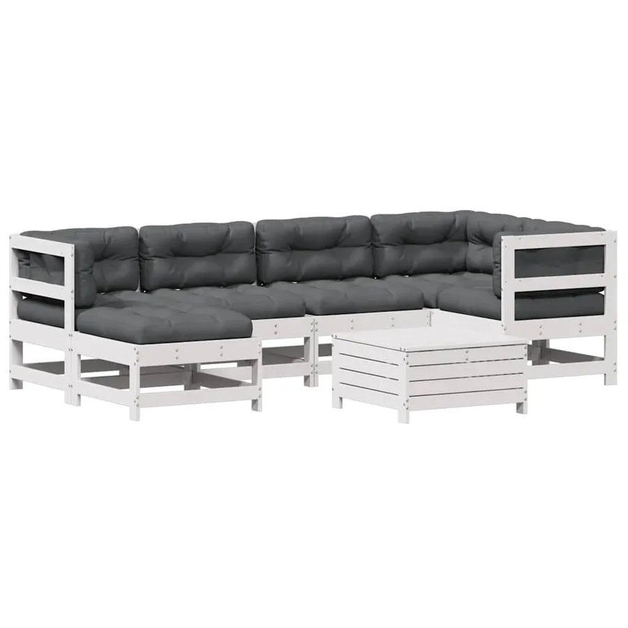 Salon de jardin 7 pcs avec coussins blanc bois de pin massif - 2