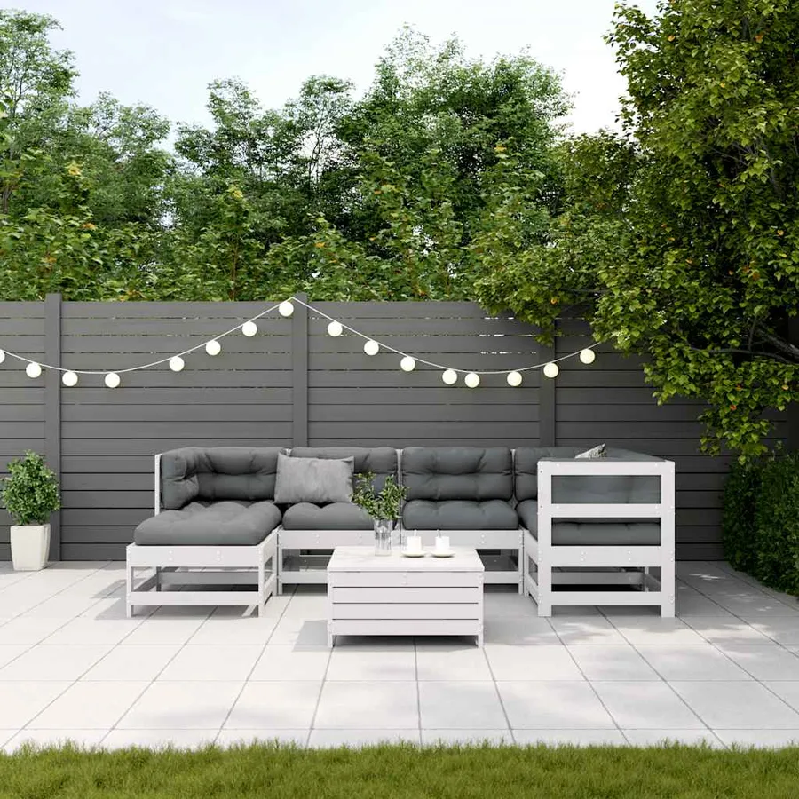 Salon de jardin 7 pcs avec coussins blanc bois de pin massif - 3