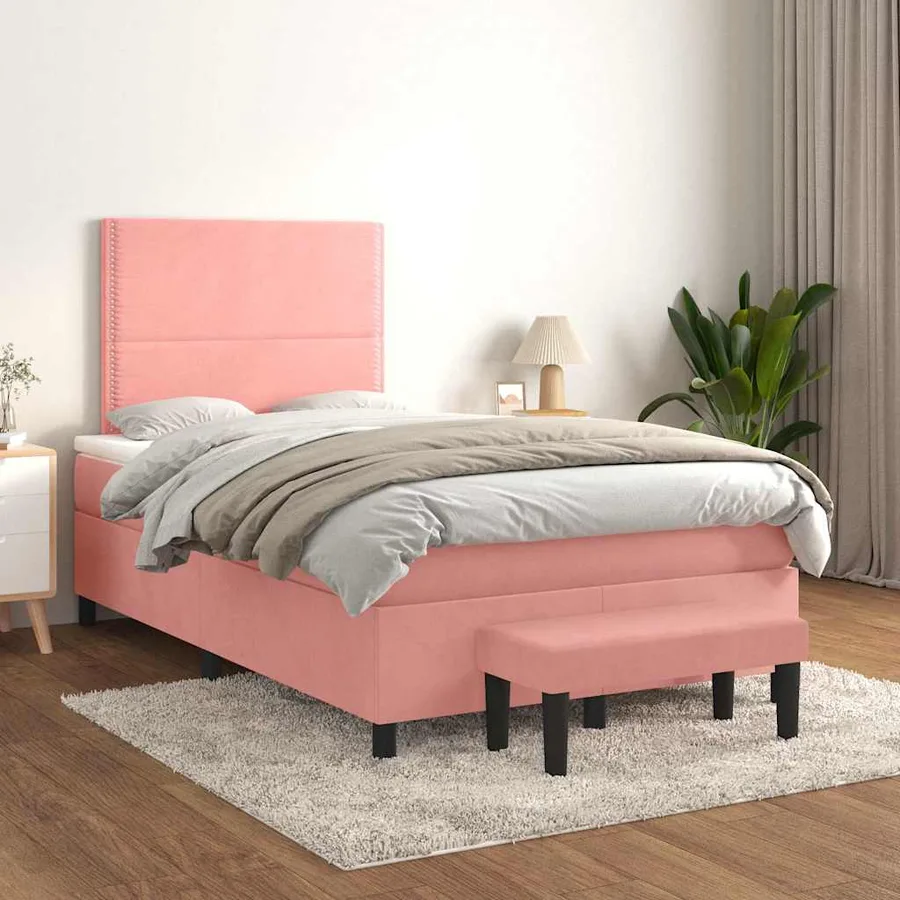 Sommier à lattes de lit avec matelas rose 120x190 cm velours - 3