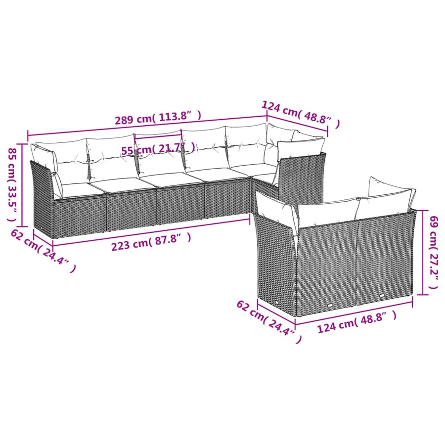 Salon de jardin 8 pcs avec coussins noir résine tressée - 3