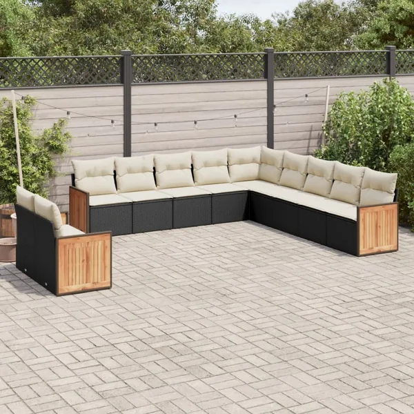 Salon de jardin 11 pcs avec coussins noir résine tressée