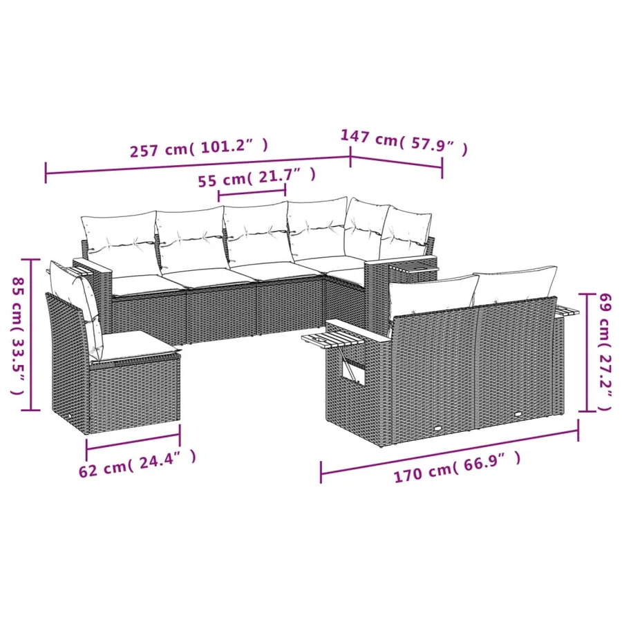Salon de jardin 8 pcs avec coussins noir résine tressée - 3