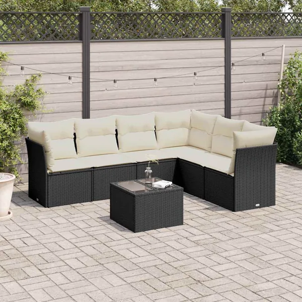 Salon de jardin 7 pcs avec coussins noir résine tressée 62 x 62 x 69 cm - 60,9 kg