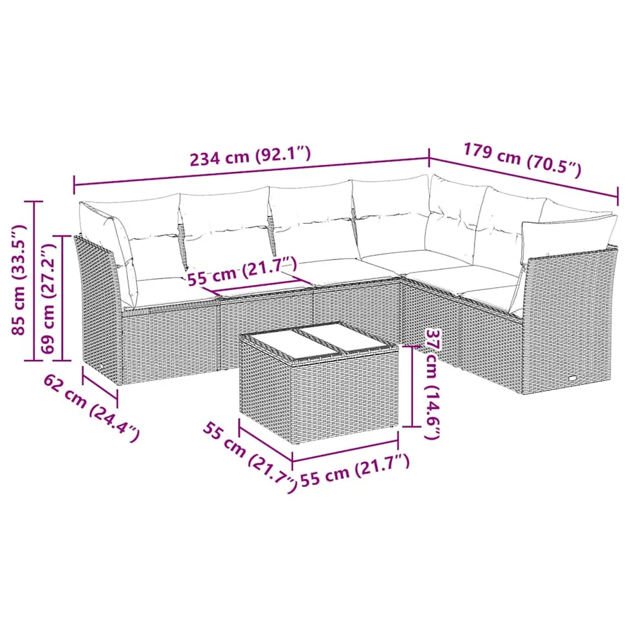Salon de jardin 7 pcs avec coussins noir résine tressée 62 x 62 x 69 cm - 60,9 kg - 3
